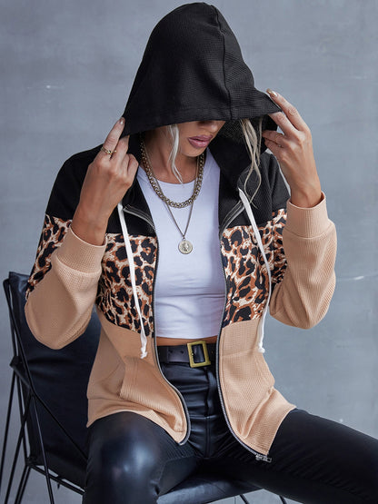 Ivy Lane Drawstring Leopard Zip Up Hooded Jacket