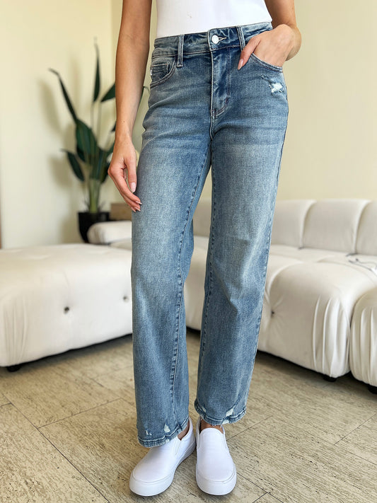 Full Size Mid Rise Distressed Straight Jeans