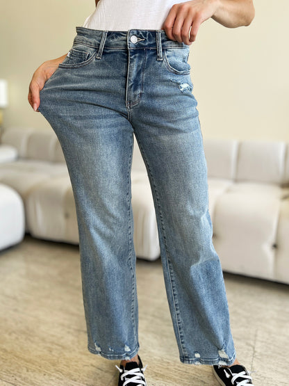 Full Size Mid Rise Distressed Straight Jeans