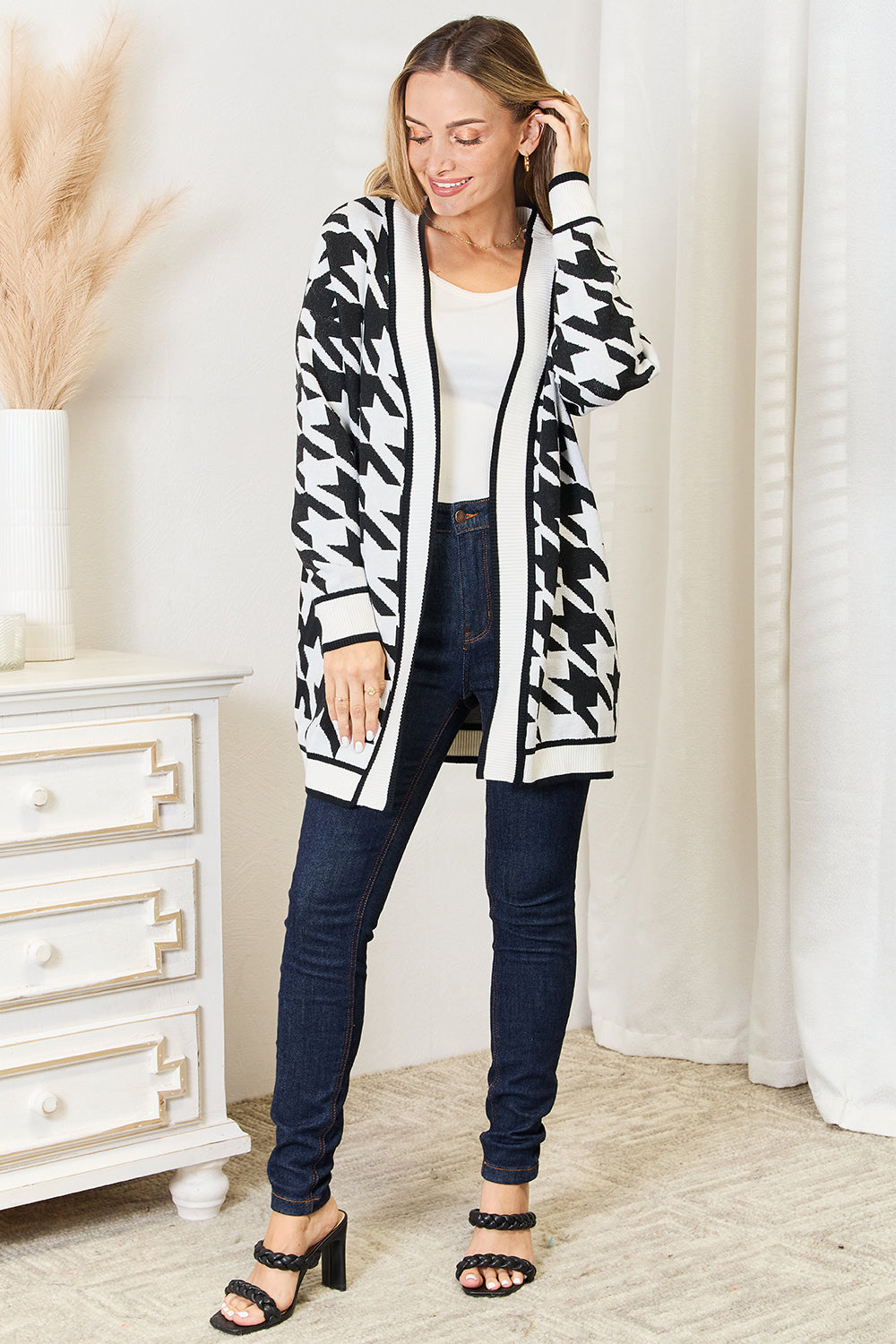 Mandy Woven Right Houndstooth Open Front Longline Cardigan