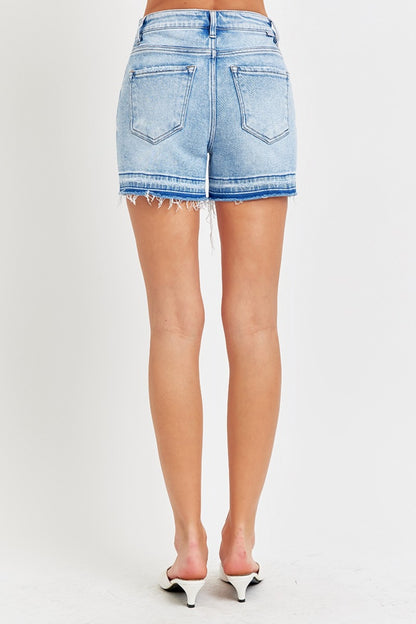 High Rise Distressed Hem Denim Shorts