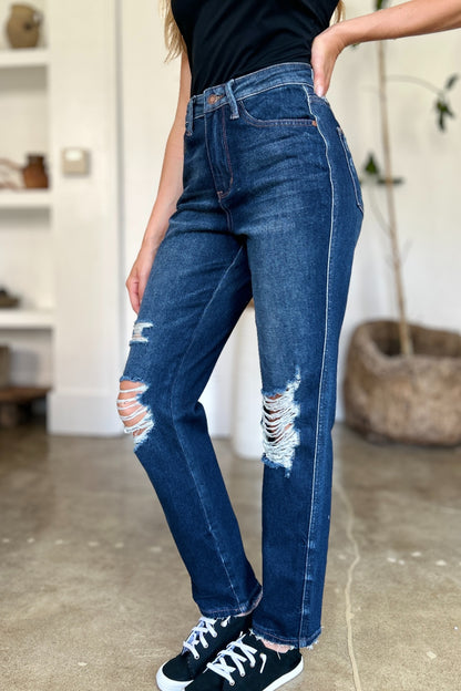 Blue Full Size High Waist Rigid Magic Heavy Destroy Straight Jeans