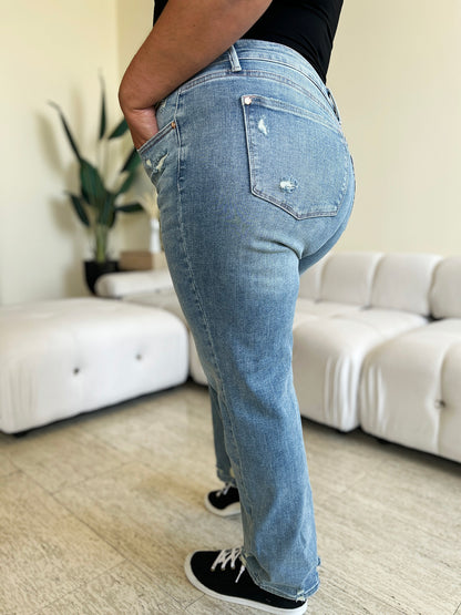 Full Size Mid Rise Distressed Straight Jeans