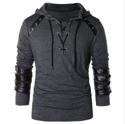 Men's Gothic Steampunk Hoodie Shirts Sweatshirt Lace Up Long Sleeve Pullover Hooded Casual Blouse Tops