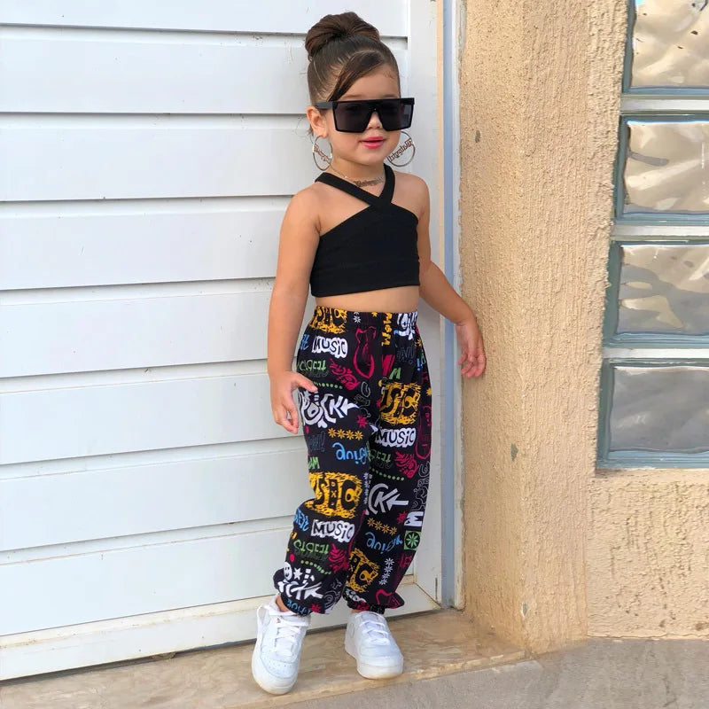 1-8Years Kids Girls Summer Clothes Sets Sleeveless Cross Crop Tops+Loose Casual Pants Baby Children Girl Beach Holiday Clothing