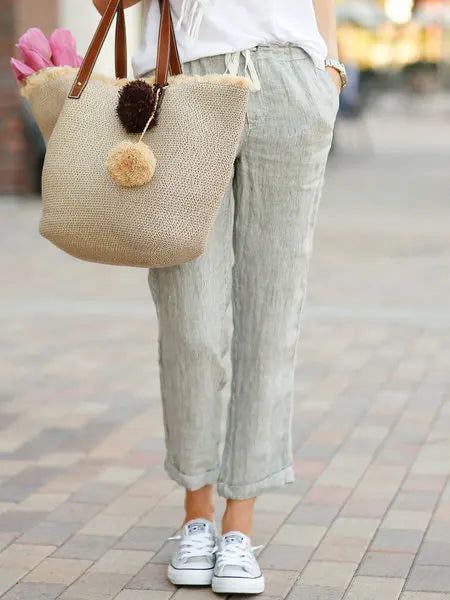 Solid Color High Waist Elastic Cotton Ankle-Length Pants