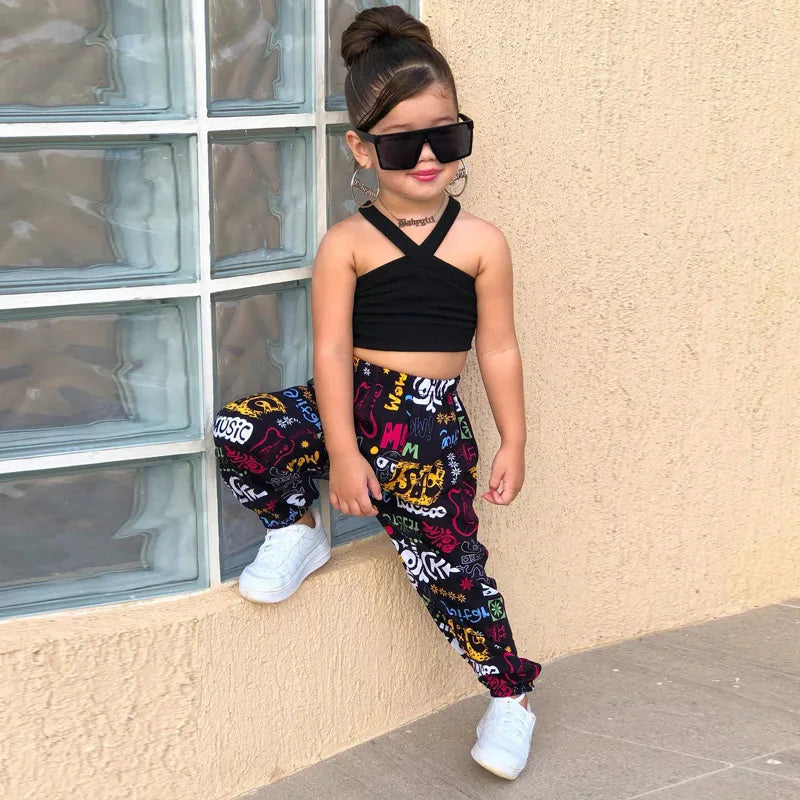 1-8Years Kids Girls Summer Clothes Sets Sleeveless Cross Crop Tops+Loose Casual Pants Baby Children Girl Beach Holiday Clothing