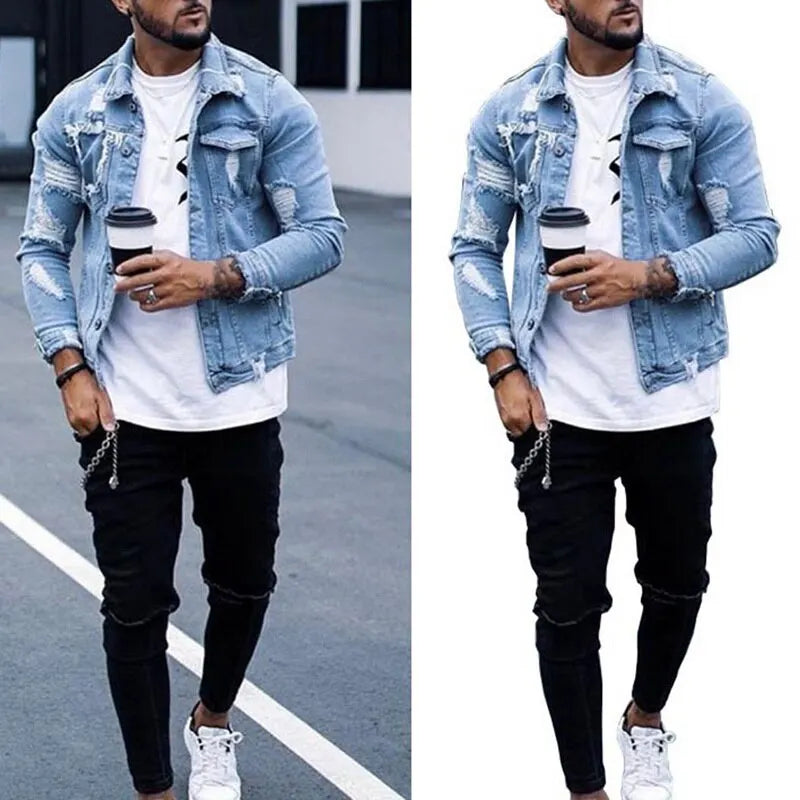 Autumn and Winter New Men's Jacket Fashion Casual Denim Jacket Men  Blue Color Lapel Ripped Jean Jacket