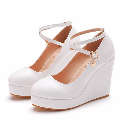 High Heels Plus Size Platform Wedges Female Pumps Women's Flock Buckle Ankle Strap Wedding Shoes