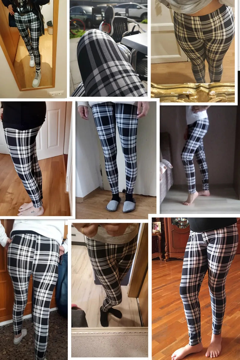 CUHAKCI Female Fitness Leggings Women Print Plaid Leggings Lady Sexy Slim Pencil Pants Push Up Elastic Waist Trousers