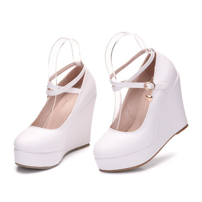 High Heels Plus Size Platform Wedges Female Pumps Women's Flock Buckle Ankle Strap Wedding Shoes