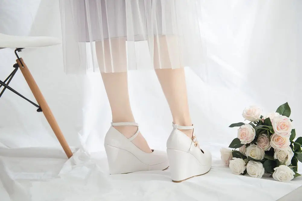 High Heels Plus Size Platform Wedges Female Pumps Women's Flock Buckle Ankle Strap Wedding Shoes