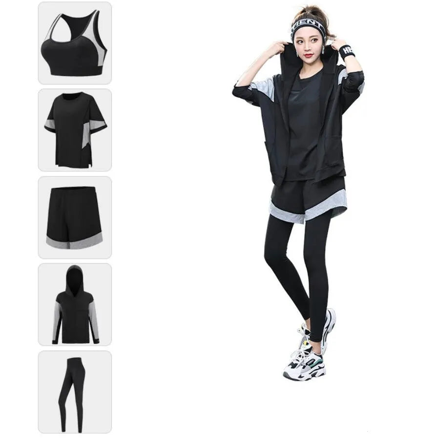 Plus Size Women Sports Set Quick Dry Outdoor Sports Running Coats+Bra+T Shirt+Pants+Shorts Fitness Gym Suits Clothing