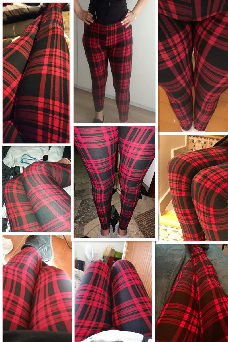 CUHAKCI Female Fitness Leggings Women Print Plaid Leggings Lady Sexy Slim Pencil Pants Push Up Elastic Waist Trousers