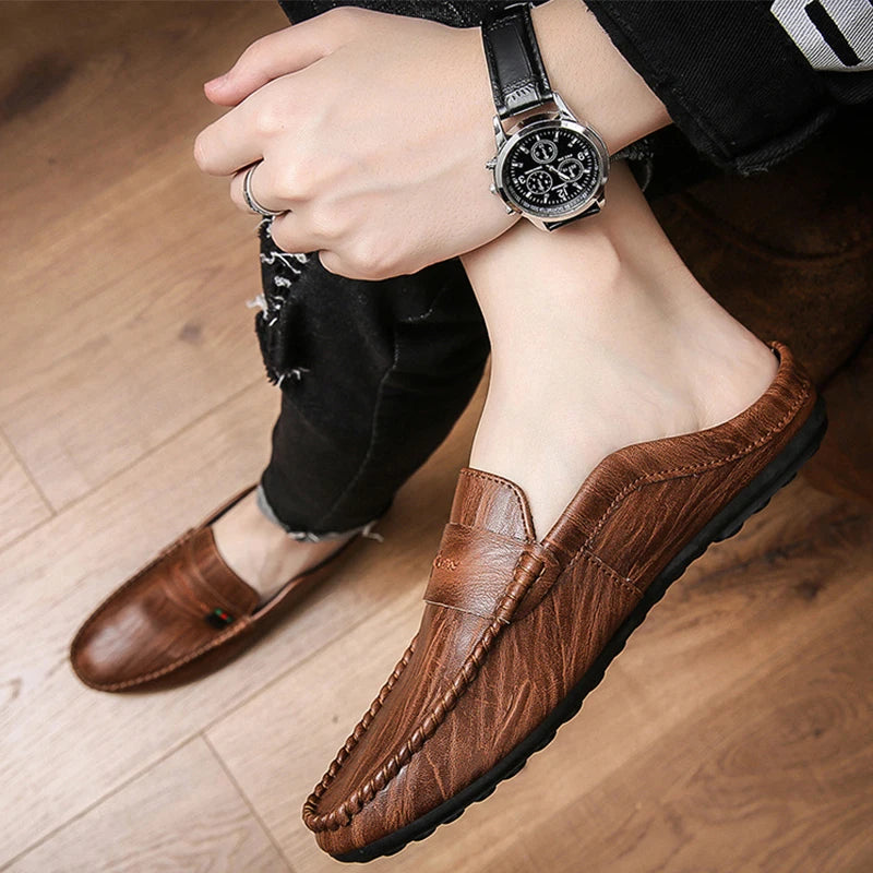 Slippers For Men Loafers Leather Indoor Home Slippers Men Spring Slip On Soft Comfor Black Bedroom Indoor Flat Men Shoes