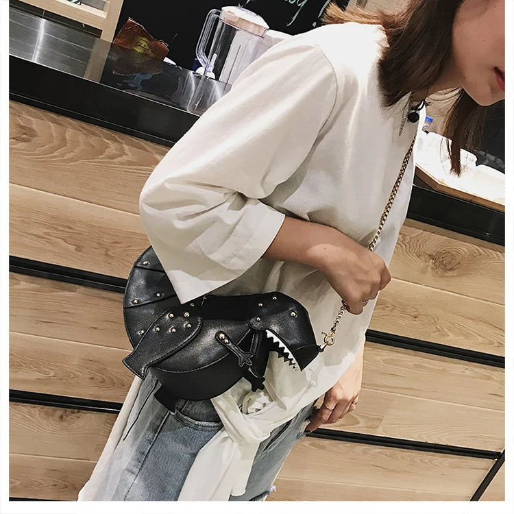 Trend Fashion 3D Dinosaur Design Rivets Pu Leather Girl's Chain Purse Shoulder Bag Tote Ladies Crossbody Mini Messenger Bag Flap