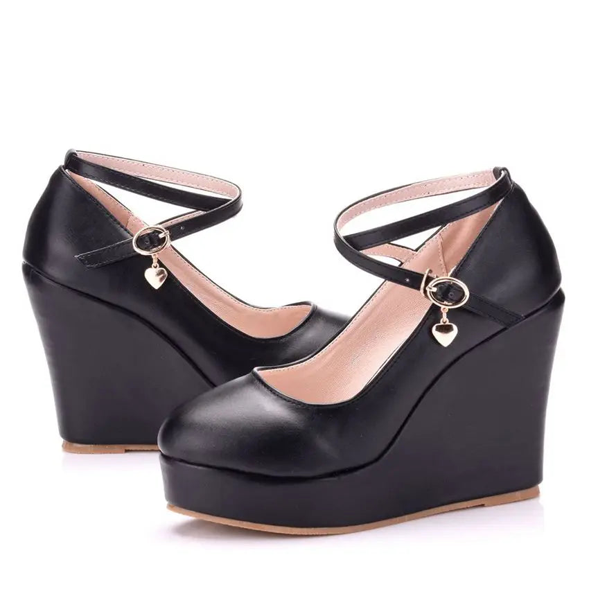 High Heels Plus Size Platform Wedges Female Pumps Women's Flock Buckle Ankle Strap Wedding Shoes