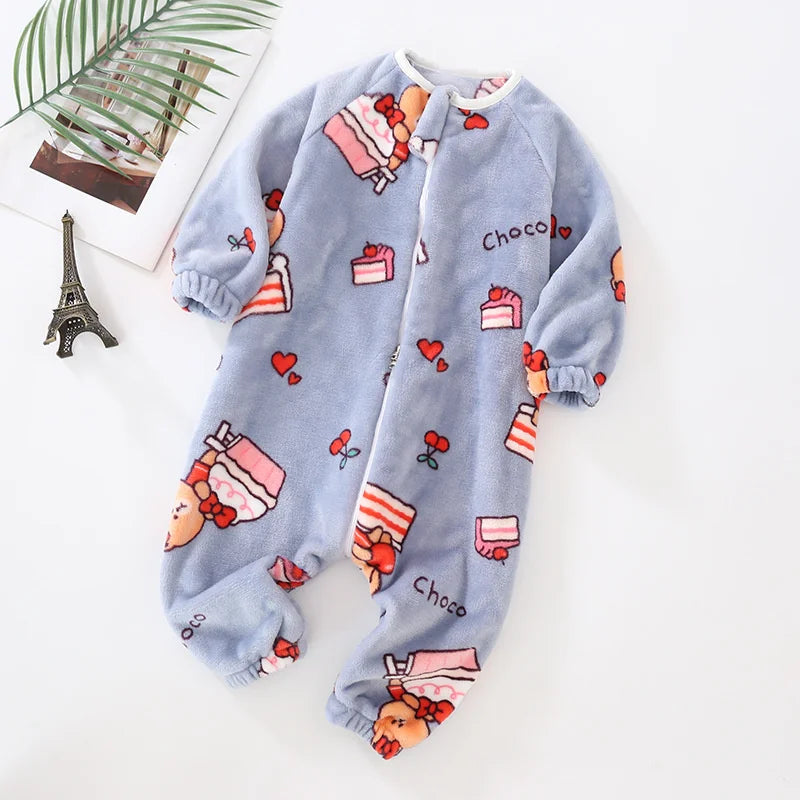 Toddler Bodysuits Girls Flannel Rompers Children Casual Sleepwear Costume Onesies For Boy Cartoon Print Plus Velvet Baby Pajamas