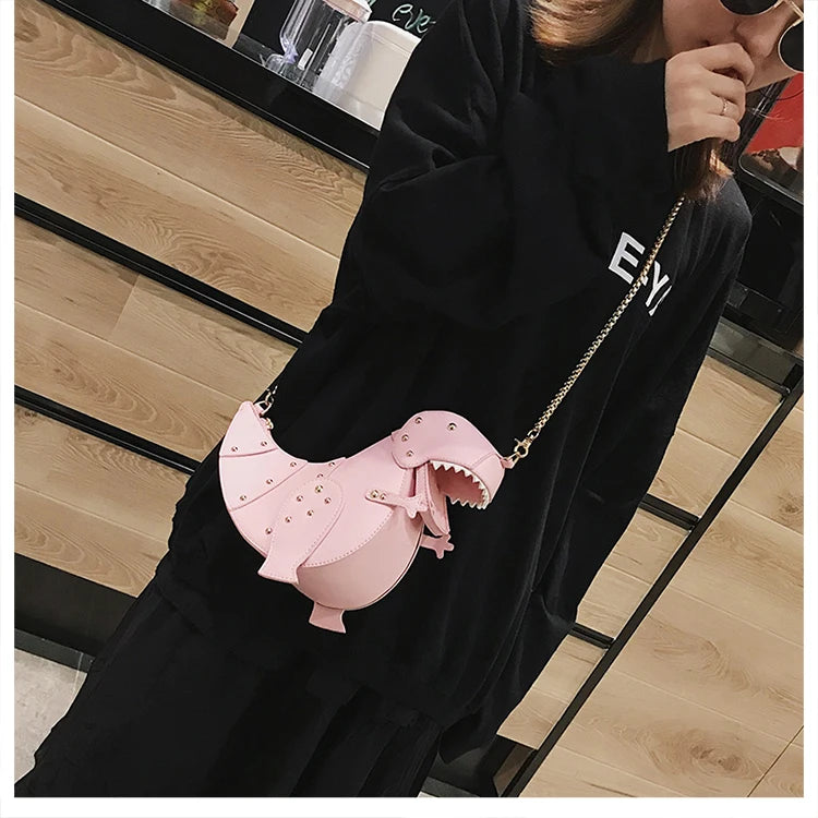 Trend Fashion 3D Dinosaur Design Rivets Pu Leather Girl's Chain Purse Shoulder Bag Tote Ladies Crossbody Mini Messenger Bag Flap