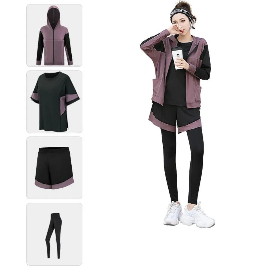 Plus Size Women Sports Set Quick Dry Outdoor Sports Running Coats+Bra+T Shirt+Pants+Shorts Fitness Gym Suits Clothing