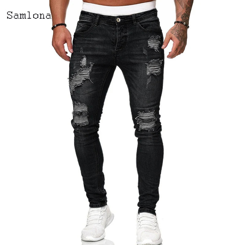 Samlona Jeans Mens Fashion Skinny Denim Pant Male Streetw New Patchwork Demin Pants Sexy Jeans Blue Grey Pencil Trouser