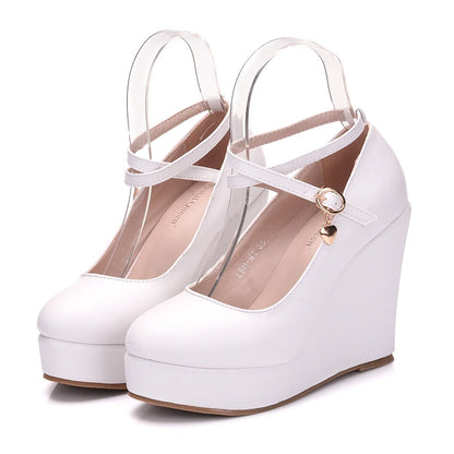 High Heels Plus Size Platform Wedges Female Pumps Women's Flock Buckle Ankle Strap Wedding Shoes