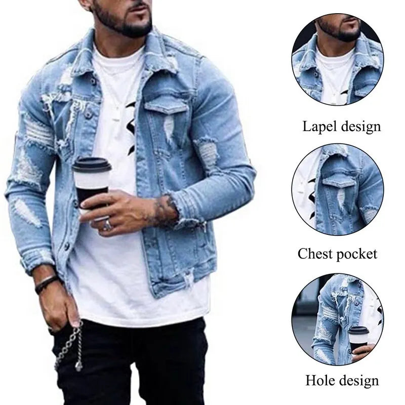 Autumn and Winter New Men's Jacket Fashion Casual Denim Jacket Men  Blue Color Lapel Ripped Jean Jacket