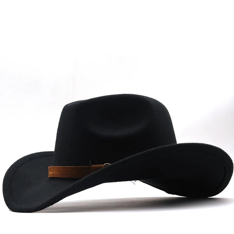 Fashion Men Women Western Cowboy Hat With Cow Head Band Wide Brim Hat Pop Jazz Hat Winter Wool Hat Size 56-58CM