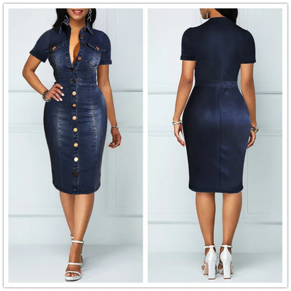 Summer New Woman Black Blue Color Short Sleeve Lapel Collar Denim Dress Fashion Button High Stretch Jeans Dress S-XL