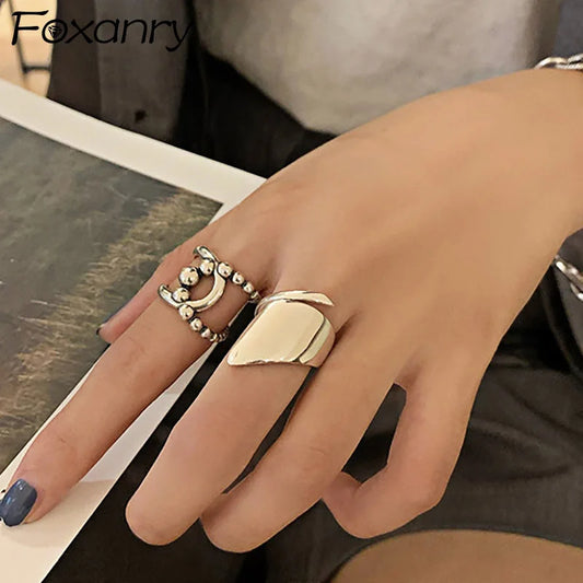 Foxanry Minimalist Stamp Smooth Rings for Women New Fashion Vintage Geometric Handmade Birthday Party Jewelry Gift