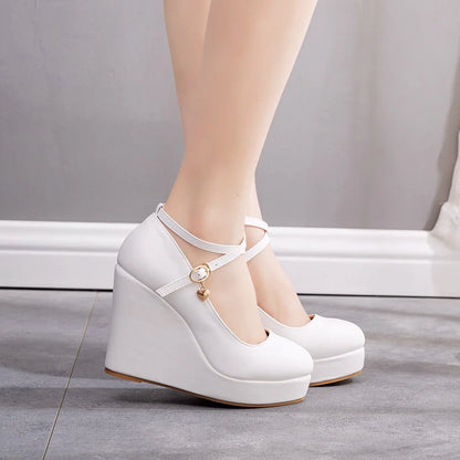 High Heels Plus Size Platform Wedges Female Pumps Women's Flock Buckle Ankle Strap Wedding Shoes