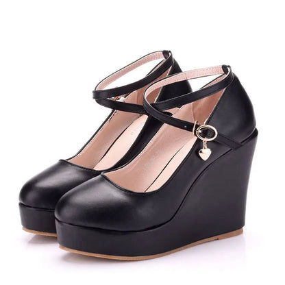 High Heels Plus Size Platform Wedges Female Pumps Women's Flock Buckle Ankle Strap Wedding Shoes