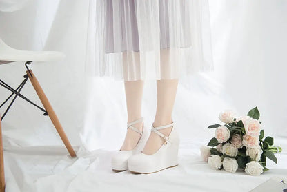 High Heels Plus Size Platform Wedges Female Pumps Women's Flock Buckle Ankle Strap Wedding Shoes