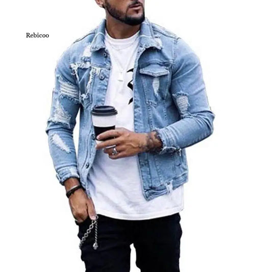 Autumn and Winter New Men's Jacket Fashion Casual Denim Jacket Men  Blue Color Lapel Ripped Jean Jacket