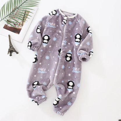 Toddler Bodysuits Girls Flannel Rompers Children Casual Sleepwear Costume Onesies For Boy Cartoon Print Plus Velvet Baby Pajamas