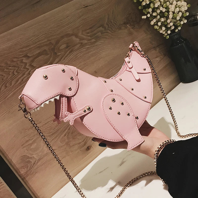 Trend Fashion 3D Dinosaur Design Rivets Pu Leather Girl's Chain Purse Shoulder Bag Tote Ladies Crossbody Mini Messenger Bag Flap