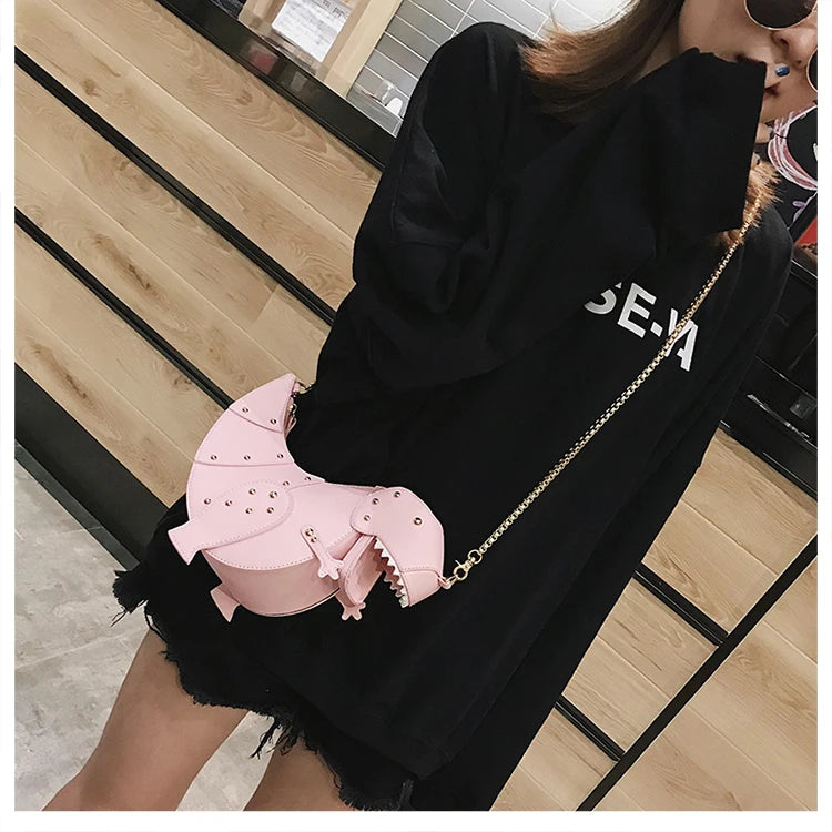 Trend Fashion 3D Dinosaur Design Rivets Pu Leather Girl's Chain Purse Shoulder Bag Tote Ladies Crossbody Mini Messenger Bag Flap