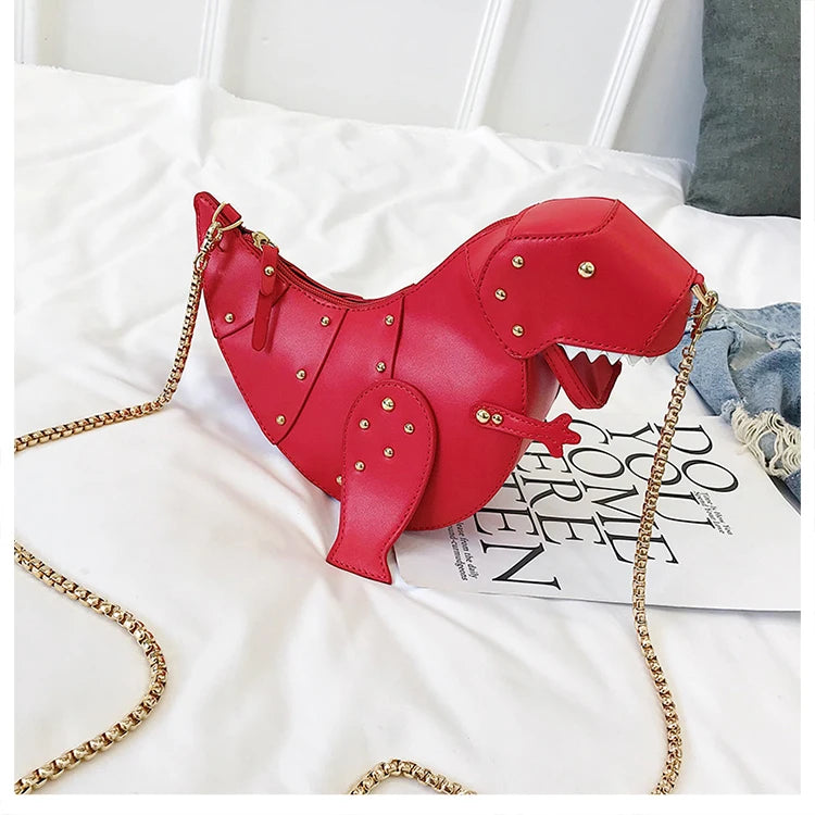 Trend Fashion 3D Dinosaur Design Rivets Pu Leather Girl's Chain Purse Shoulder Bag Tote Ladies Crossbody Mini Messenger Bag Flap