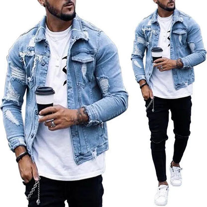 Autumn and Winter New Men's Jacket Fashion Casual Denim Jacket Men  Blue Color Lapel Ripped Jean Jacket