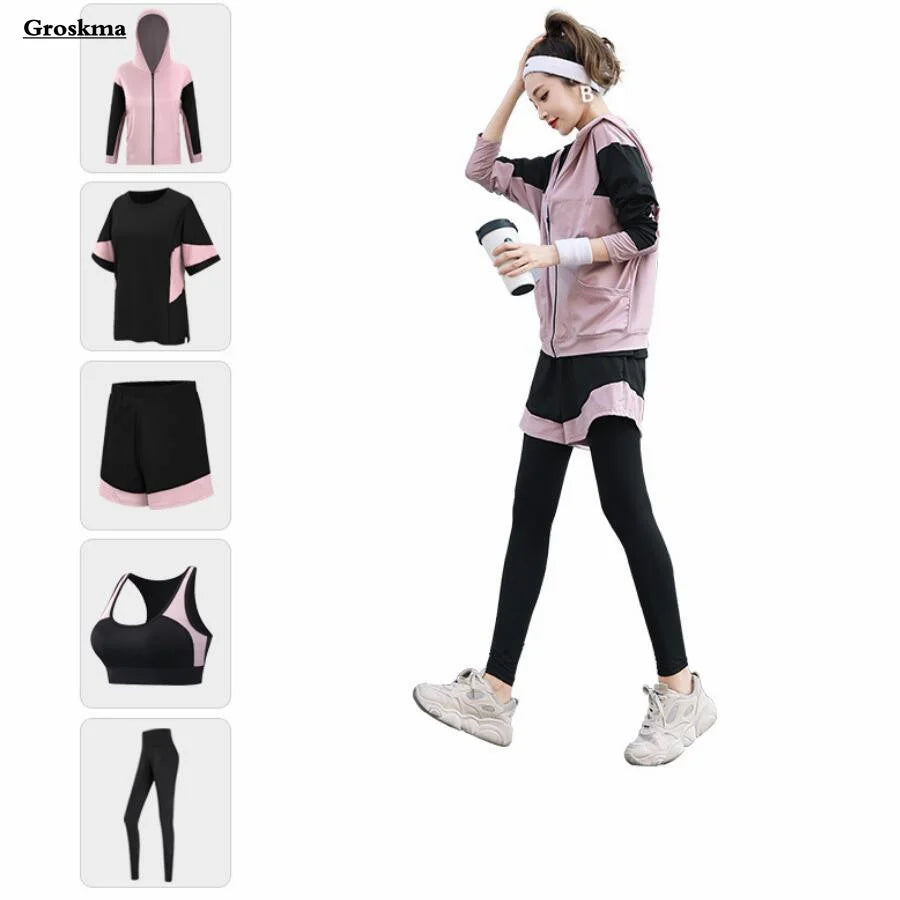 Plus Size Women Sports Set Quick Dry Outdoor Sports Running Coats+Bra+T Shirt+Pants+Shorts Fitness Gym Suits Clothing