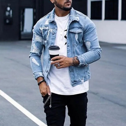 Autumn and Winter New Men's Jacket Fashion Casual Denim Jacket Men  Blue Color Lapel Ripped Jean Jacket