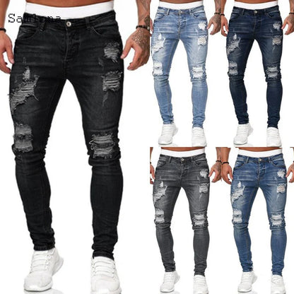 Samlona Jeans Mens Fashion Skinny Denim Pant Male Streetw New Patchwork Demin Pants Sexy Jeans Blue Grey Pencil Trouser