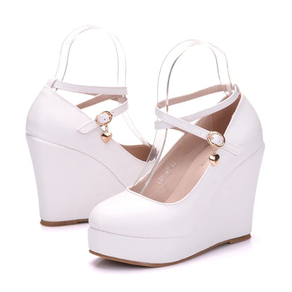 High Heels Plus Size Platform Wedges Female Pumps Women's Flock Buckle Ankle Strap Wedding Shoes