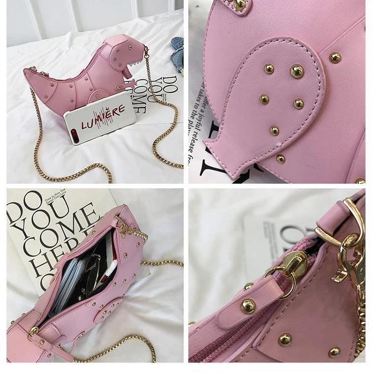 Trend Fashion 3D Dinosaur Design Rivets Pu Leather Girl's Chain Purse Shoulder Bag Tote Ladies Crossbody Mini Messenger Bag Flap