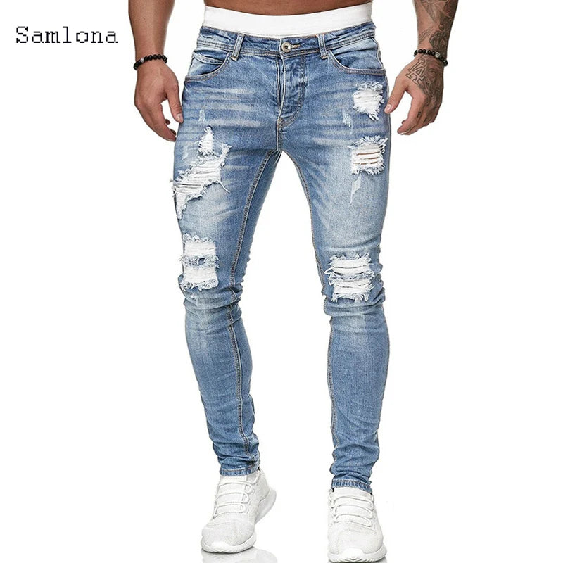 Samlona Jeans Mens Fashion Skinny Denim Pant Male Streetw New Patchwork Demin Pants Sexy Jeans Blue Grey Pencil Trouser