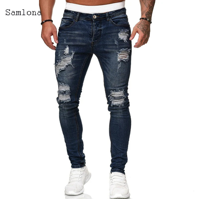 Samlona Jeans Mens Fashion Skinny Denim Pant Male Streetw New Patchwork Demin Pants Sexy Jeans Blue Grey Pencil Trouser