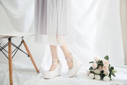 High Heels Plus Size Platform Wedges Female Pumps Women's Flock Buckle Ankle Strap Wedding Shoes