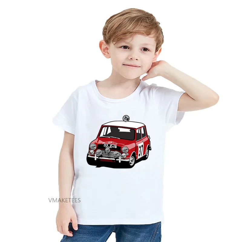 2018 Summer Girls & Boys Short Sleeve T shirt Paddy Hopkirk Mini Cooper S Print T-shirt Baby Kids Funny Car Clothing,HKP5519