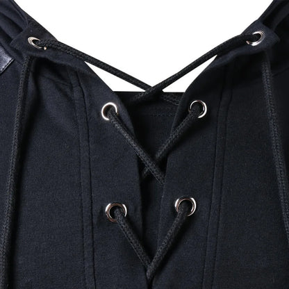 Men's Gothic Steampunk Hoodie Shirts Sweatshirt Lace Up Long Sleeve Pullover Hooded Casual Blouse Tops