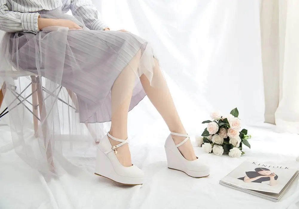 High Heels Plus Size Platform Wedges Female Pumps Women's Flock Buckle Ankle Strap Wedding Shoes